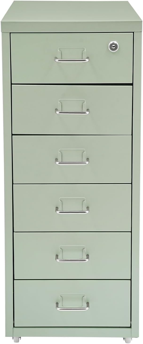 6 Drawer File Cabinet with Lock, Metal Vertical Office Filing Cabinets, Home Office Narrow Storage Cabinet for A4/F4/Letter/Legal (Green)