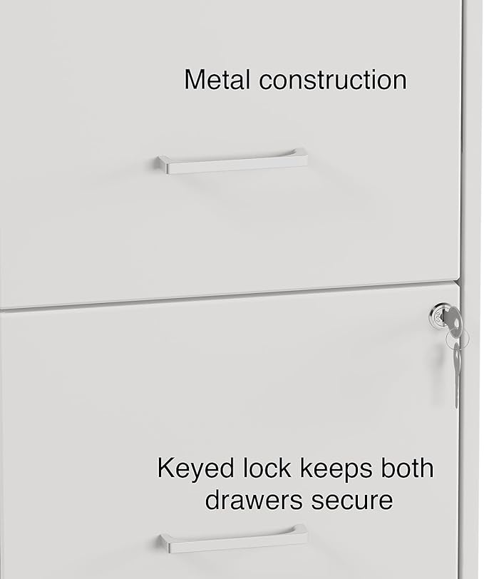 Staples 2-Drawer Vertical File Cabinet, Letter Size Documents, Lockable & Mobile, 18.9" D x 14.3" W x 26.3" H, White