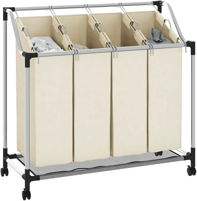 Laundry Sorter with 4 Bags Cream Steel Frame, Heavy-Duty Rolling Cart with Removable Sorting Bags and Steel Handles for Easy Transport, Durable Utility Organizer for Laundry