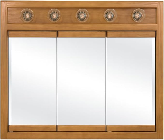 Design House Richland Medicine Cabinet with 5 Lights, Fully Assembled, Wall Mounted, 3 Mirrored Doors, Wood Frame, Oak Finish, 36 in x 5 in x 30 in, 530618-NOK