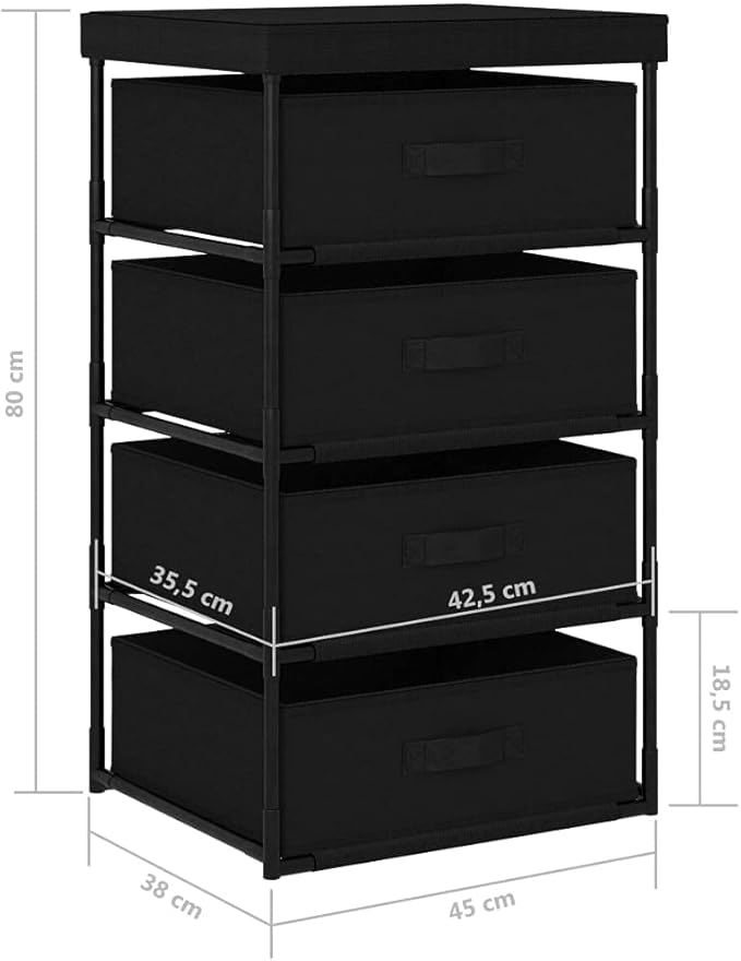 4 Tier Storage Organizer with Removable Fabric Baskets, Black Steel Shelf Unit for Bedroom Closet Organization, Space Saving Storage Rack for Home Office