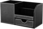 KINGFOM Desk Organizer Office Supplies Caddy Pu Leather Multi-function Storage Box Pen/Pencil,Cell phone, Business Name Cards Remote Control Holder with Small Drawer Black