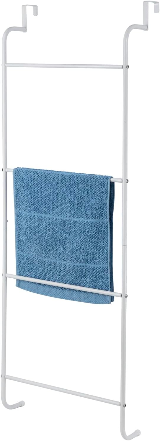 MyGift 4 Tier Over The Door Towel Rack, Bathroom Towel Holder Ladder, Space Saving Over Shower Door Drying Rack for Towels & Blankets, White Metal