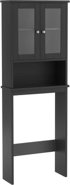 Nuturelly Over The Toilet Storage Cabinet, Bathroom Storage Organizer with Adjustable Shelves and Double Glass Doors, Freestanding Above Toilet Storage with Open Shelf, Wooden Toilet Rack(Black)
