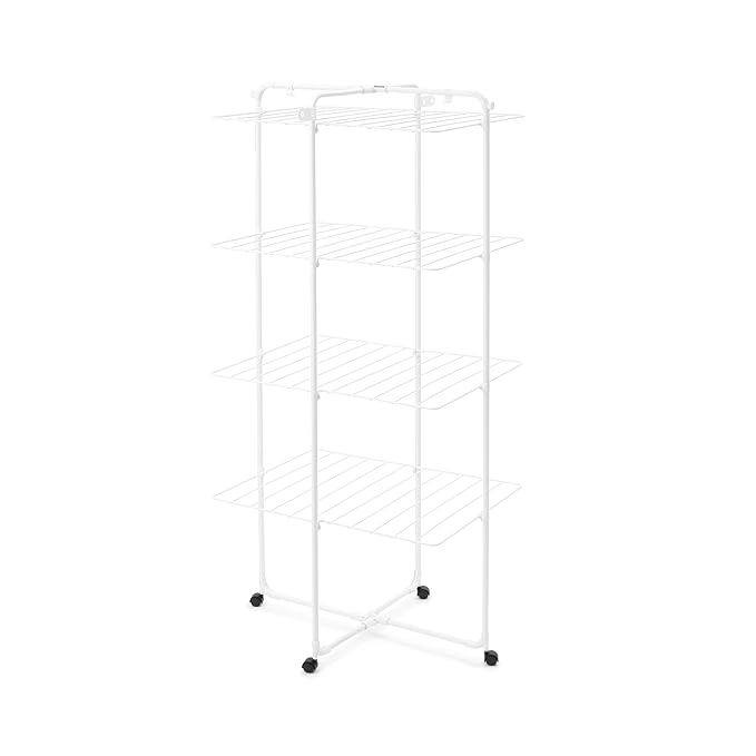Brabantia HangOn Tower Clothes Drying Rack with Wheels | 98ft (30m) | White | Tall 3-Tier Indoor Clothes Airer with Adjustable Shelves for Towels, Folds Flat to Save Space | Fits 3 Full Loads