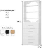 ROOMTEC Modular Closet System, 31.5" 4 Drawer Shelf Closet Tower Wall-Mounted Closet Organizer, Wooden Tower for Walk-In Closets, Wardrobe Storage Kit, White