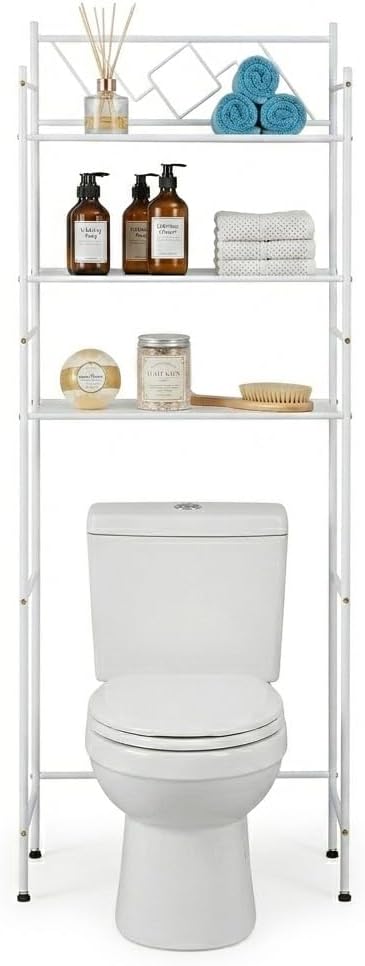 Home Zone Living Over-The-Toilet Bathroom Storage Organizer with 3-Tier Shelves and Adjustable Feet, Freestanding Steel Frame Design, White