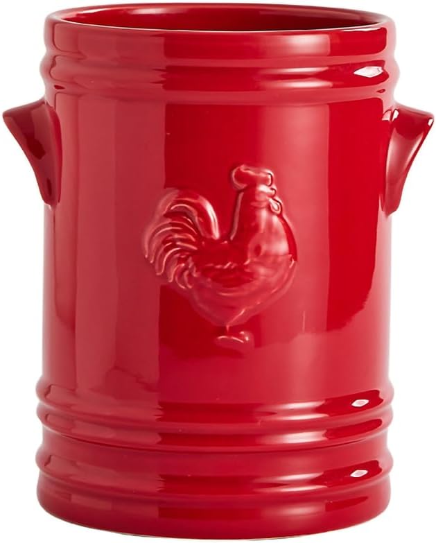 WAIT FLY Embossed Rooster Porcelain Kitchen Utensil Holder Flatware Storage Organizer Utensil Crock for Countertop Kitchen Counter Decor-Red-1 PCS
