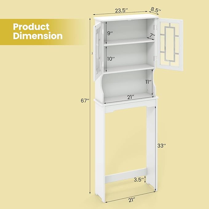 Giantex Over The Toilet Storage Cabinet, Above Toilet Bathroom Organizer with Tempered Glass Doors & Adjustable Shelf, Freestanding Space Saver Rack for Restroom, Laundry