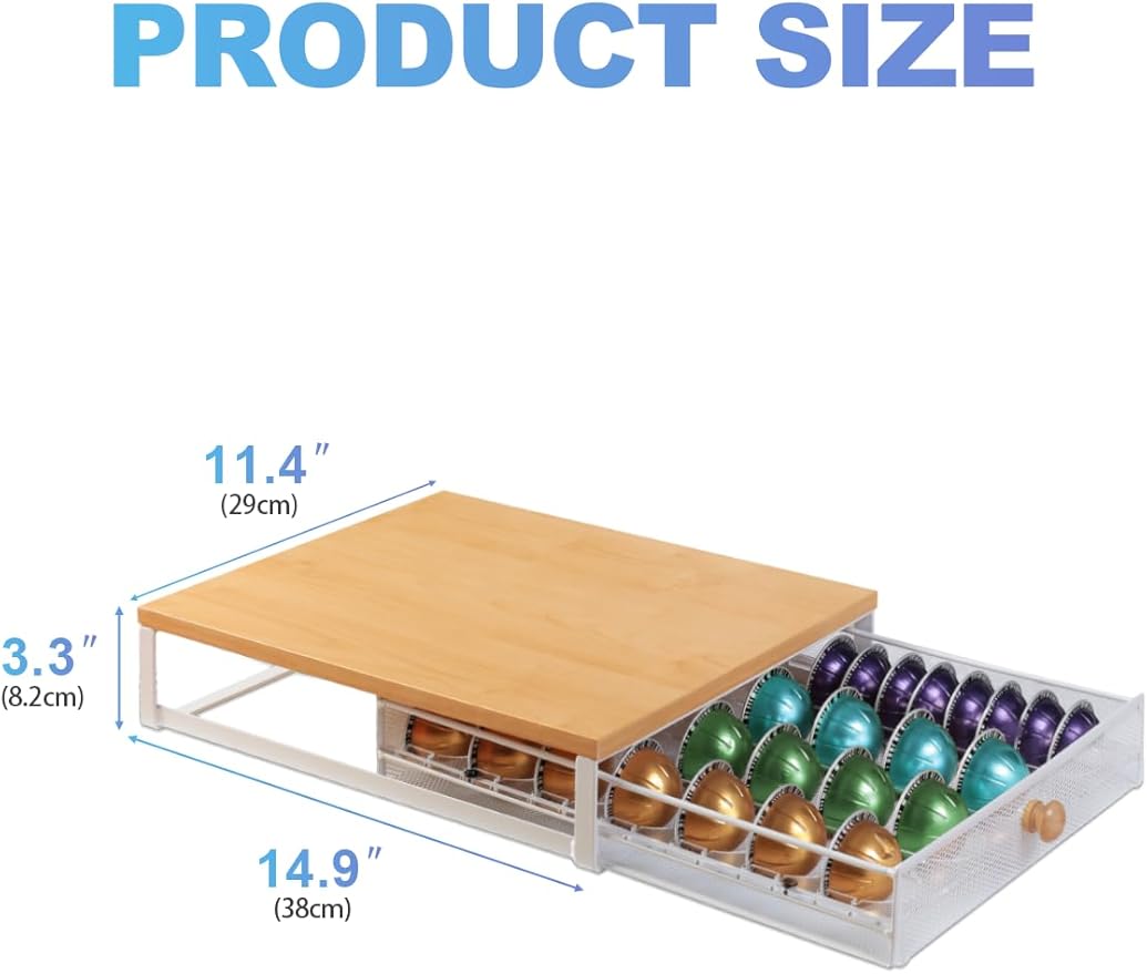 Coffee Pod Holder Drawer Organizer Capsules Storage Organizer with Sliding Drawer Compatible For Nespresso Pods, Holds up to 56 Small or 28 Big nespresso pod Oak Color