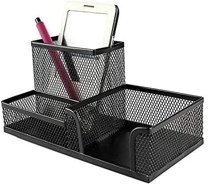 Corner Cabin Mesh Desk Office Organizer for Paper Clip, Mesh Desk Organizer, 3 in 1 Metal Pen Holder Office Supplies Caddy for Paper Clip, Sticky Note, Pen(3 Compartments, Black)