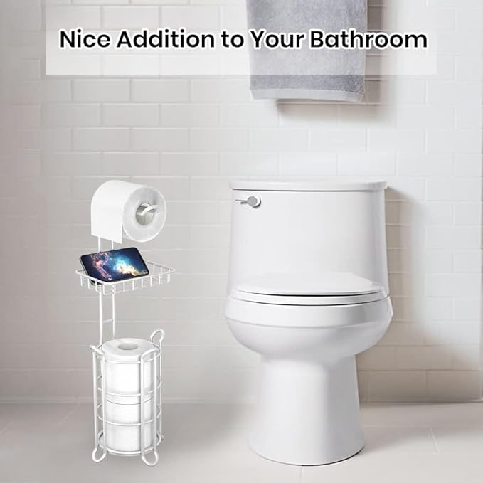 Toilet Paper Roll Holder Stand Bathroom Tissue Holders Free Standing with Middle Shelf Storage Reserve Mega Rolls/Phone/Wipe-Gray