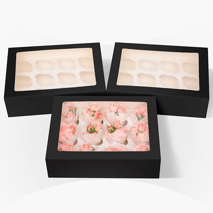 Bakepacker 12 Cupcake Containers 10-Packs Black Cupcake Box Cupcakes Carrier, 12 Cupcake Boxes with Window 13"x10"x3.5"（Auto-pop up）