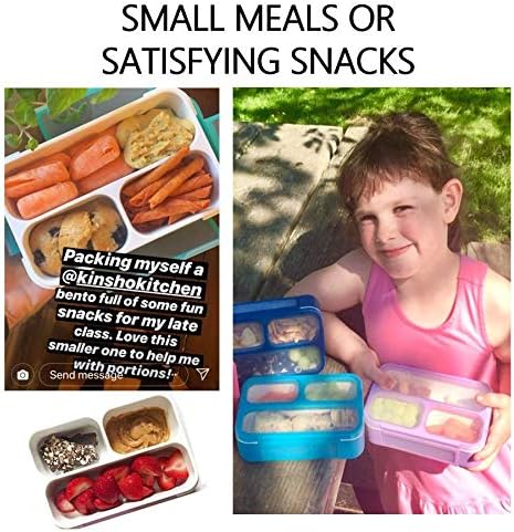 Small Snack Containers for Kids Toddlers - 3 Compartments (Set of 2) - Leak-proof Snack Boxes with Lids - BPA-Free Mini Bento Lunch Box - Ideal for School, Daycare, Holds 2 Cups (Purple + Blue)