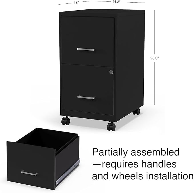 Staples 2-Drawer Vertical File Cabinet, Letter Size Documents, Lockable & Mobile, 18" D x 14" W x 26.3" H, Black