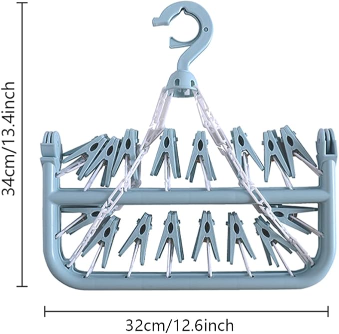 32 Clips Folding Laundry Hanger, Laundry Drying Rack Folding Sock Hanger, Hanging Drying Rack(Scandinavian Blue)