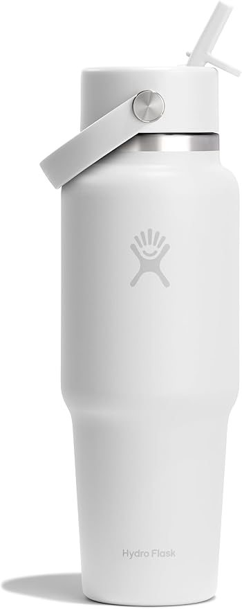 Hydro Flask Travel Water Bottle - Insulated Stainless Steel - Wide Straw Lid, Non Spill, Leakproof in 32 Oz Tonal White
