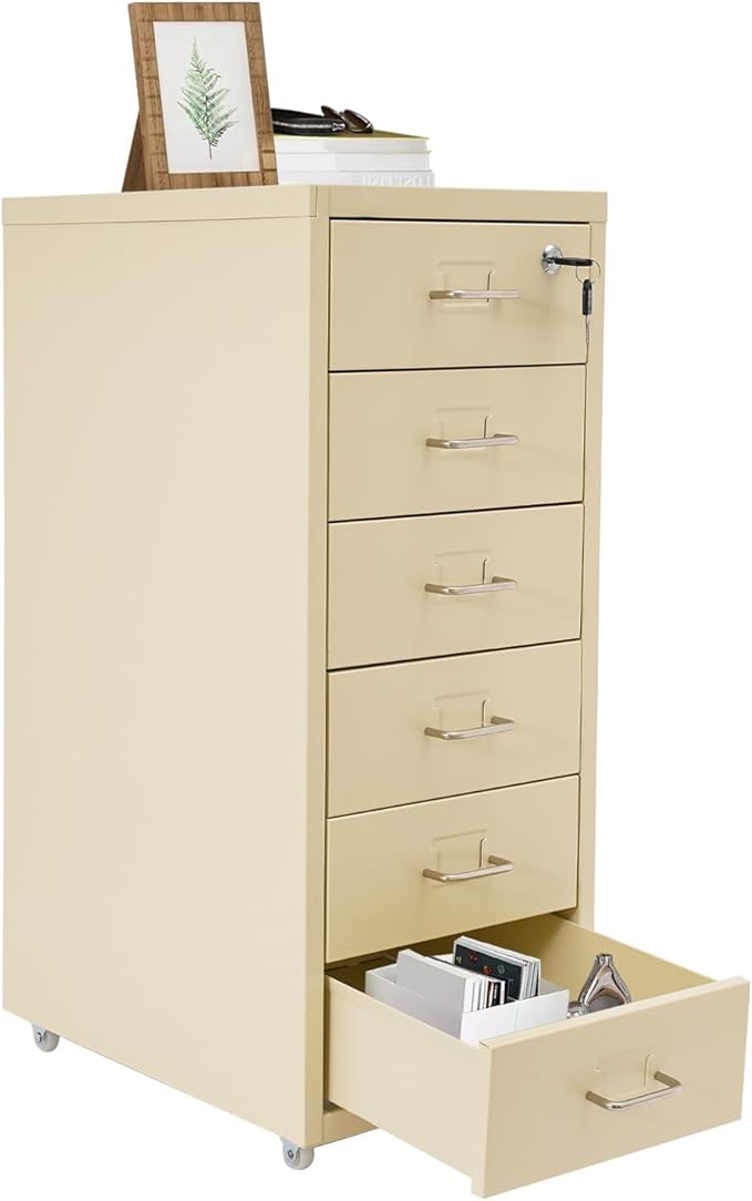 6 Drawer Metal Vertical Office Filing Cabinets, File Cabinet with Lock, Home Office Narrow Storage Cabinet for A4/F4/Letter/Legal(Beige)