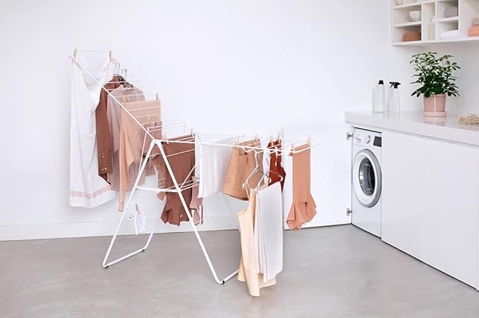 Brabantia HangOn Clothes Drying Rack | 82ft (25m) | White | Large Indoor Clothes Airer Laundry Stand with 2 Fold-Out Wings & Hanger Hooks, Folds Flat | Fits 2 Full Loads