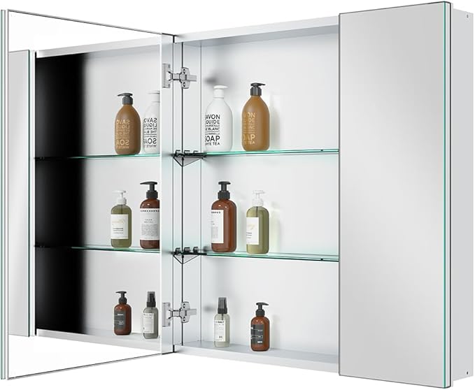 Quavikey Medicine Cabinet for Bathroom with Mirror 2 Doors Aluminum Surface Mount or Recessed Mirror Medicine Cabinet 30x30 Inch, Silver