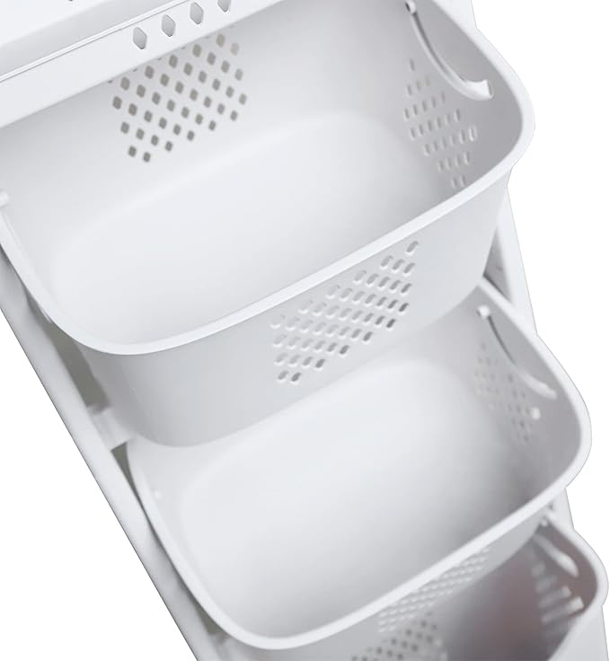 3 Tier Laundry Hamper Basket Plastic Rolling Laundry Cart with Wheels, Multipurpose Laundry Sorter Storage Trolley Shelf Basket, Beige