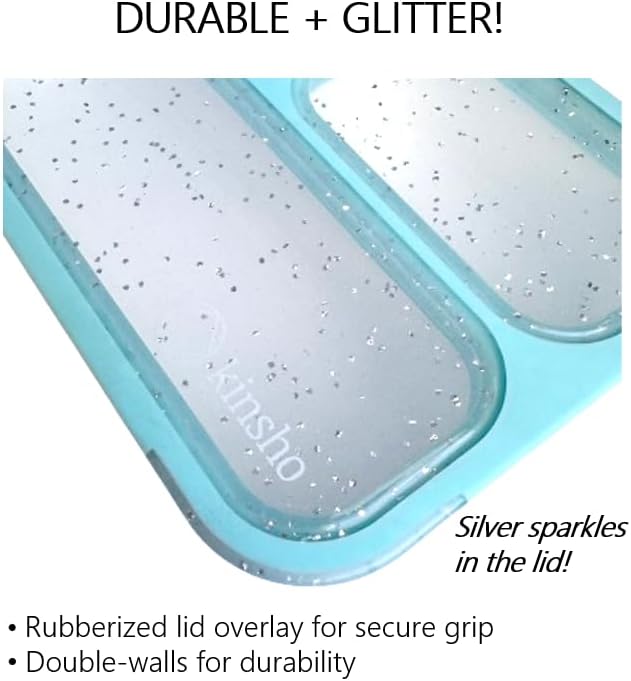 kinsho Small Snack Containers for Kids Toddlers - 3 Compartments (Set of 2) - Leak-proof Reusable Snack Boxes with Lids - BPA-Free Mini Bento Lunch Box - Holds 2 Cups (Pastel Blue + Teal Sparkle)