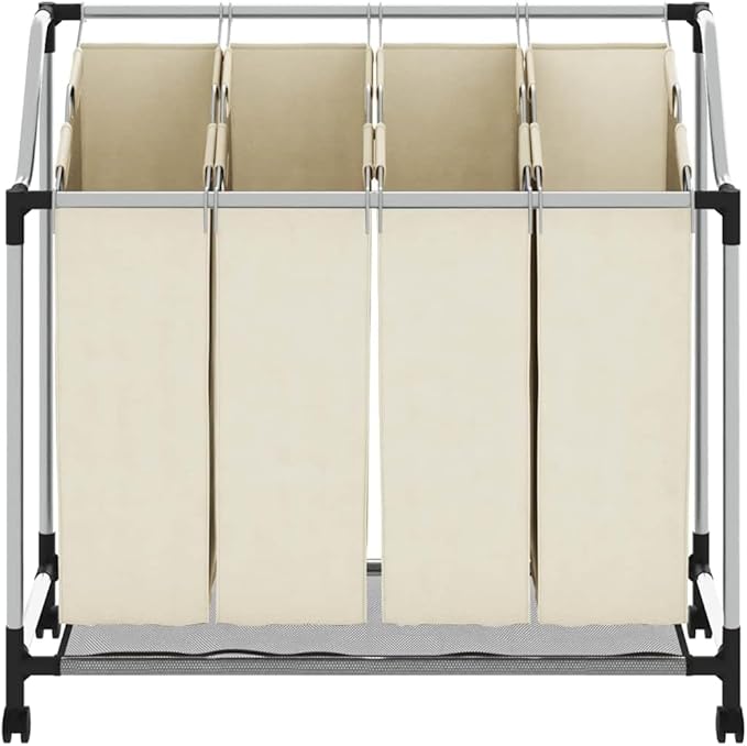 Laundry Sorter with 4 Bags Cream Steel Frame, Heavy-Duty Rolling Cart with Removable Sorting Bags and Steel Handles for Easy Transport, Durable Utility Organizer for Laundry