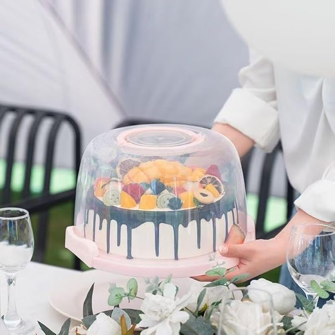Pie Cake Carrier Cake Keeper Round Multiuse Muffins Cake Carrier with Lid for Dishes Vegetables Picnic Desserts Fruits (Pink)