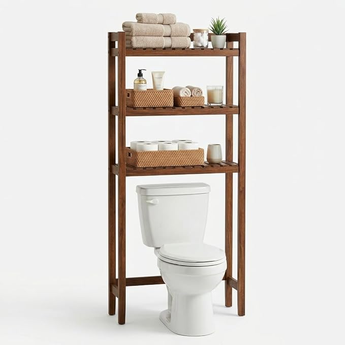 Over the Toilet Storage, 3-Tier Bamboo Bathroom Organizer with Adjustable Shelf, Space-Saving Rack, 66.9" Tall (Rust Brown)
