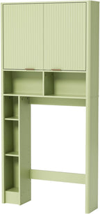 31" W Over The Toilet Storage Cabinet with Fluted Door, Green Bathroom Organizer with Adjustable Shelf, 67''H Tall Natural Toilet Paper Holder Stand Wave Door for Restroom, Laundry Room