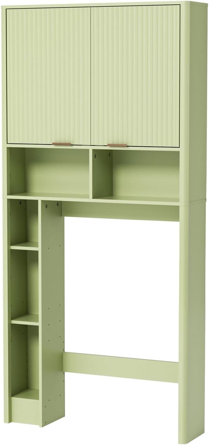 31" W Over The Toilet Storage Cabinet with Fluted Door, Green Bathroom Organizer with Adjustable Shelf, 67''H Tall Natural Toilet Paper Holder Stand Wave Door for Restroom, Laundry Room