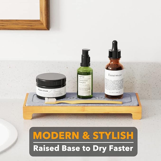 SpaceAid DryingNeat Instant Dry Sink Caddy Organizers, Kitchen Sponge Soap Holder Dispenser, Countertop Fast Drying Counter Tray Rack (Bamboo, Gray)