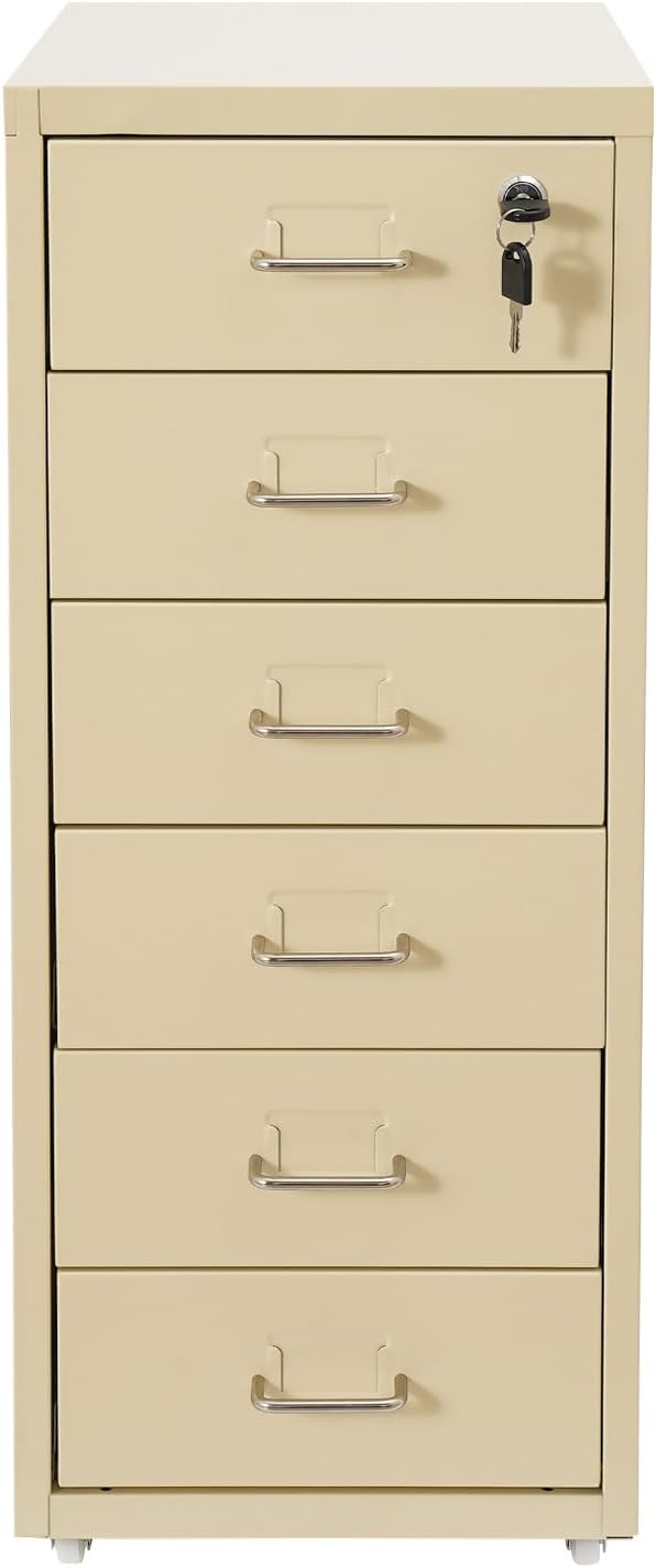 6 Drawer Metal Vertical Office Filing Cabinets, File Cabinet with Lock, Home Office Narrow Storage Cabinet for A4/F4/Letter/Legal(Beige)