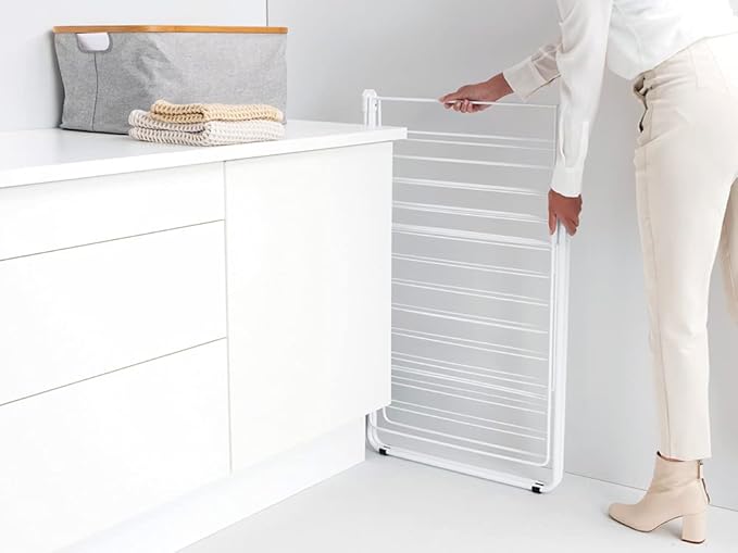 Brabantia HangOn Clothes Drying Rack | 82ft (25m) | White | Large Indoor Clothes Airer Laundry Stand with 2 Fold-Out Wings & Hanger Hooks, Folds Flat | Fits 2 Full Loads