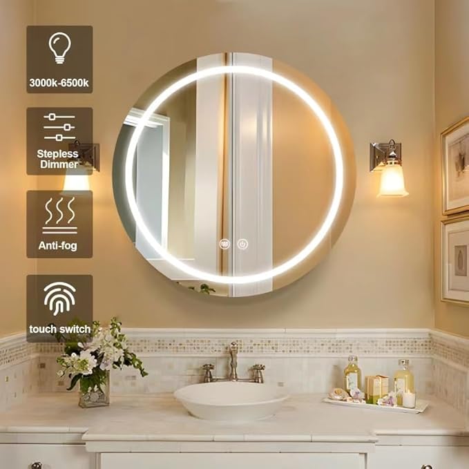 Led Round Medicine Cabinet,Bathroom Medicine Cabinet with Light,3 Color,Demister,Dimmable,Steel Constrution,White,Only for Surface Mount,28 inch