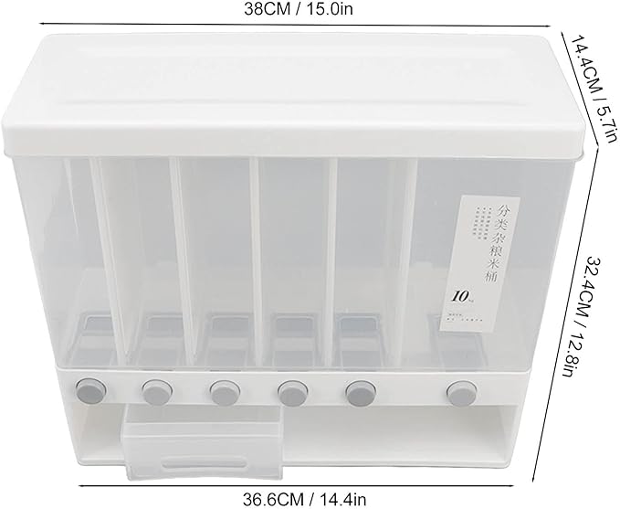 Divided Rice and Cereal Dispenser 6 Grid Food Storage Containers Grain Storage Box Household Food Dispensers 10L Capacity Suitable for Rice Beans Wall Mounted Dry Food