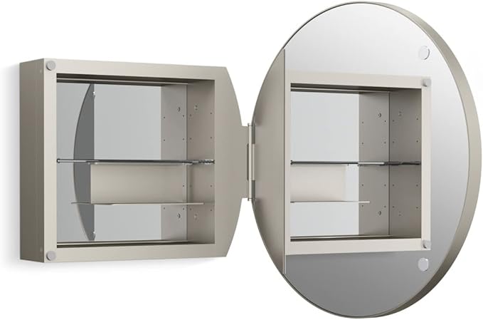 Kohler 35572-BNL Verdera® Framed Medicine Cabinet Mirror, Mirrored Interior, Adjustable Glass Shelf, Rustproof, Bathroom Storage, 24" Round Design, Brushed Nickel