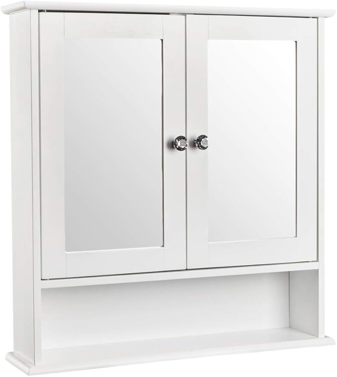 Karl home Wooden White Medicine Cabinet, Wall Mounted Bathroom Cabinet with 2 Mirror Door & Adjustable Shelves & Bottom Shelf for Bathroom, Living Room, Entryway