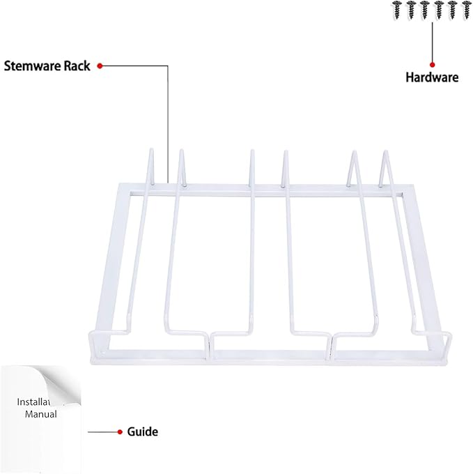 Wine Glass Rack - Under Cabinet Stemware Wine Glass Holder Glasses Storage Hanger 2 Pack Metal Organizer for Bar Kitchen White