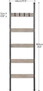 HOOBRO Blanket Ladder, 5-Tier Towel Rack with Hooks, Wall-Leaning Blanket Rack, Decorative Display Ladder Shelf, Scarves, Industrial, Living Room, Bedroom, Greige and Black BG52CJ01