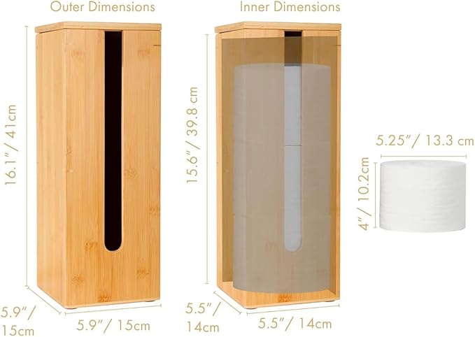 Bamboo Toilet Paper Holder Free Standing, Wood Toilet Paper Storage Rack with Lid Fits 3 Mega Toilet Paper (Bamboo)
