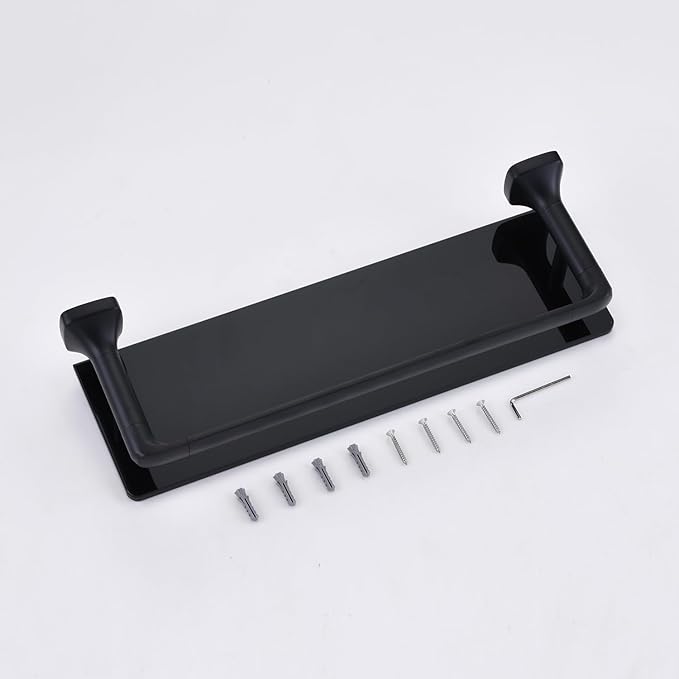 16-Inch Bathroom Glass Shelf - Matte Black Wall-Mounted Organizer - Thickened 8mm Black Tempered Glass with Safety Railing