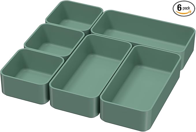 6 Pcs Stackable Drawer Organizer Set Desk Drawer Dividers, Bathroom Vanity Cosmetic Makeup Trays , Multipurpose Plastic Storage Bins for Jewelries, Kitchen Gadgets and Office Accessories, Green