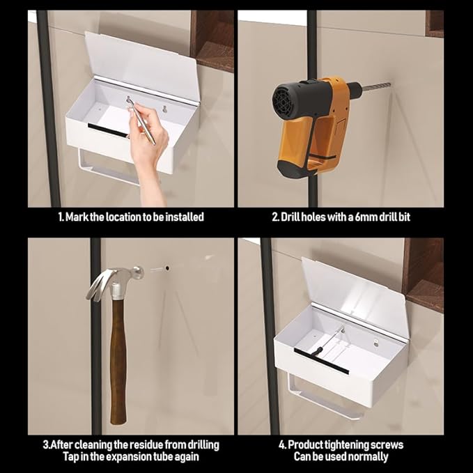 Generic Wall Mounted Toilet Paper Holder with Storage Box, White Metal, Modern Design, 8.07x4.92x3.74 Inches, Self-Adhesive Installation