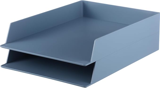 TecUnite 2 Pieces Stackable Letter Trays Blue Rectangular Stackable Office Letter Size Plastic Organizer Desk Tray for Desk Plastic Stacking Support for File Storage Office Classroom