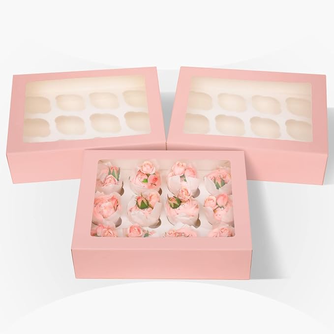 Bakepacker 12 Cupcake Containers 10-Packs Pink Cupcake Box Cupcakes Carrier, 12 Cupcake Boxes with Window 13"x10"x3.5"（Auto-pop up）