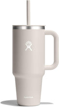 Hydro Flask Travel Tumbler with Handle, Lid and Straw - Insulated Stainless Steel in 40 Oz Oat Tan