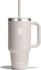 Hydro Flask Travel Tumbler with Handle, Lid and Straw - Insulated Stainless Steel in 32 Oz Oat Tan
