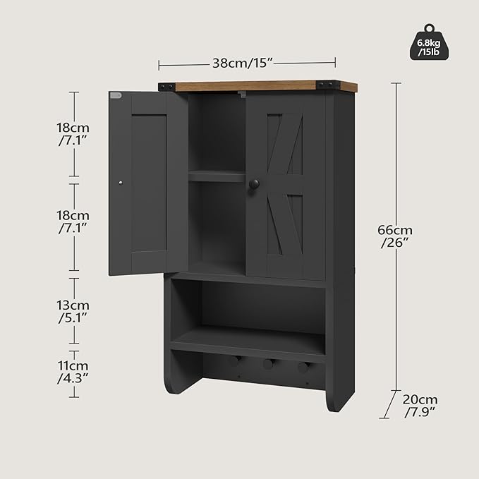 Bathroom Wall Cabinet, Farmhouse Medicine Cabinet with Adjustable Shelf, 3-Tier Wall-Mounted Storage Cabinet with 3 Hooks and Open Shelf, for Bathroom, Living Room, Kitchen, Black and Walnut