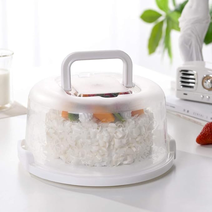 FEOOWV Plastic Small Cake Carrier Holder Round Container with Handles Suitable for 6~8 inch Diameter and 4 inch Height Small Cake (White)